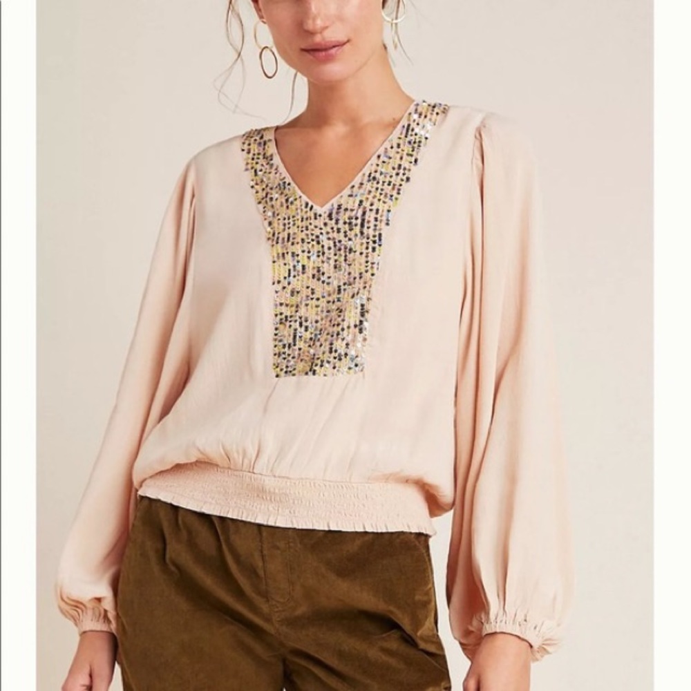 Maeve Anthropologie‎ Kristie Sequined Peasant Blouse